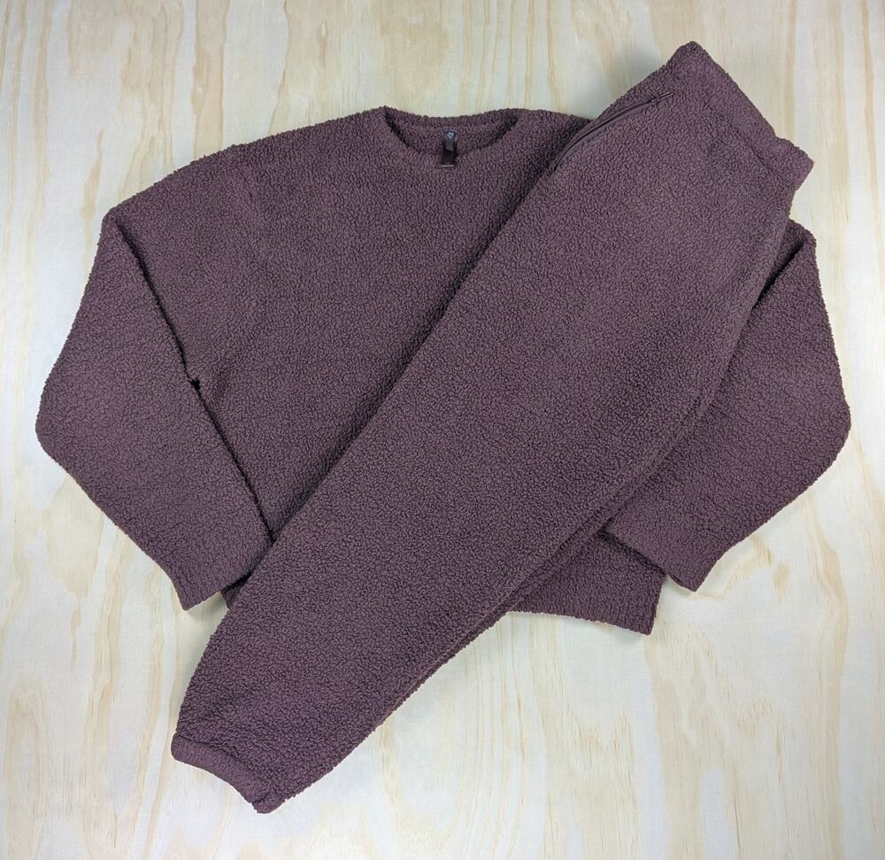SKIMS Women's L/XL Cozy Knit Boucle 2Pc Lounge Set Pullover Joggers Burgundy Red